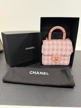 Chanel Tweed Handle Crush Top Handle Flap Bag Pink Ecru (JB1472)
